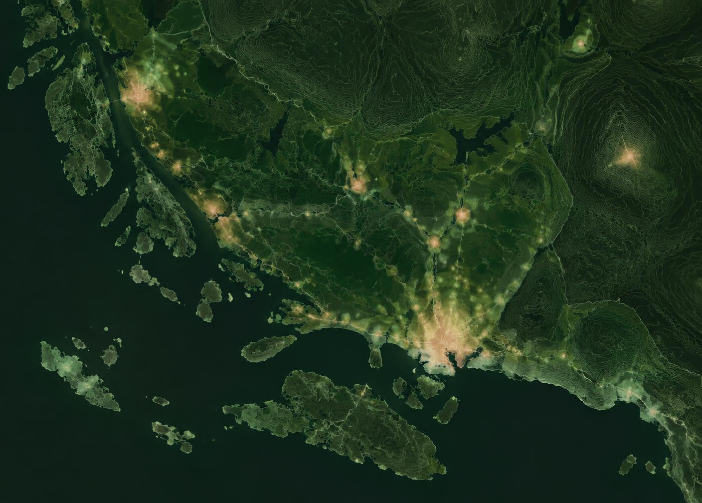 Kartvisualisering med höjdkurvor, kustlinje och täthetsmönster